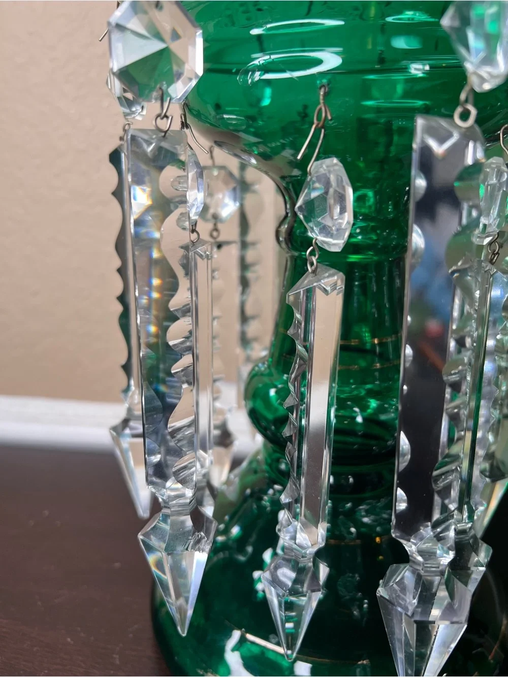 Antique Late 1800s Victorian Bohemian Glass Lustre Form, Emerald Green, Mantle